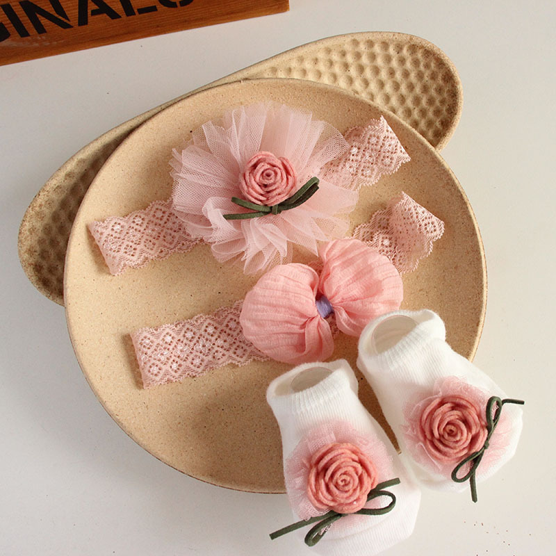 Solid Rosette Headband and Socks - Pink Rose Headband + Socks - image 10