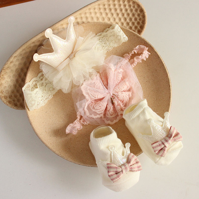 Solid Rosette Headband and Socks - Rice Pink Crown Headband + Socks - image 13