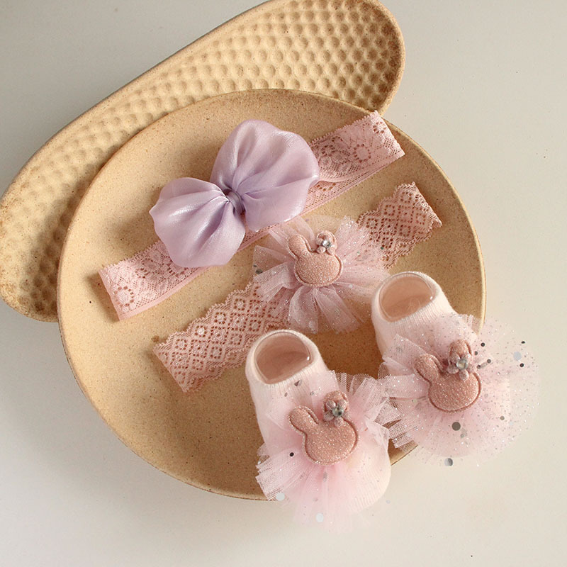 Solid Rosette Headband and Socks - Pink Bear Mesh Headband + Socks - image 16