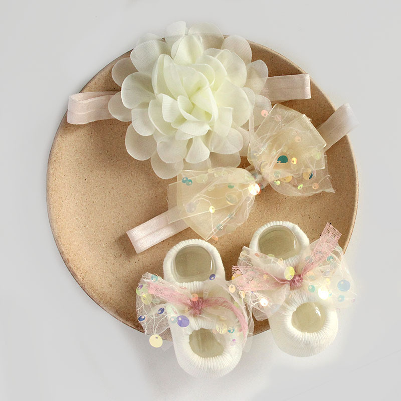 Solid Rosette Headband and Socks - Light Yellow Sequin Headband + Mesh Socks - image 18