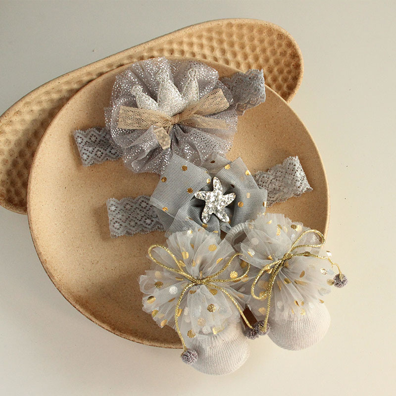 Solid Rosette Headband and Socks - Gray Star Headband + Mesh Socks - image 20