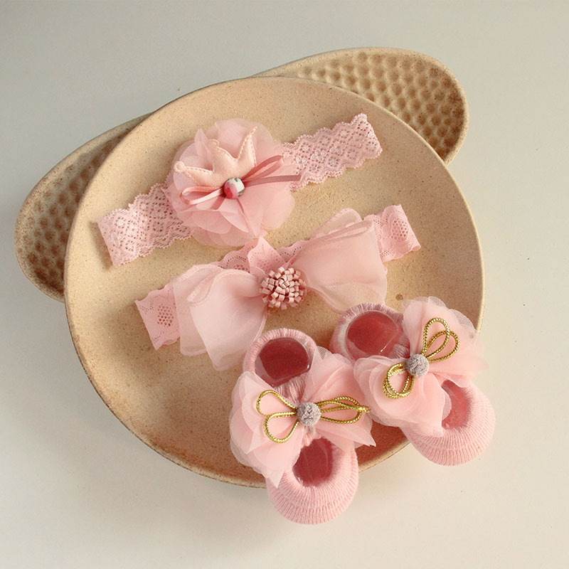 Solid Rosette Headband and Socks - Pink Ball Mesh Headband + Mesh Socks - image 22