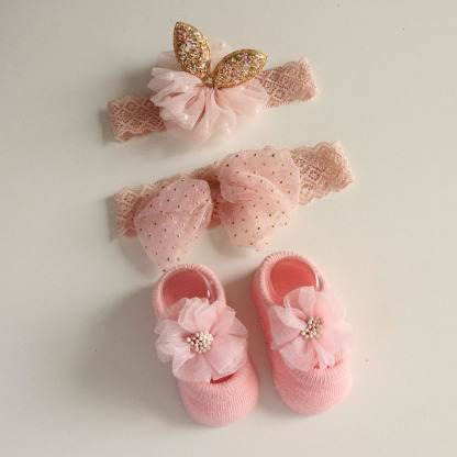 Solid Rosette Headband and Socks - Gold Dot Bow Headband + Mesh Socks - image 24