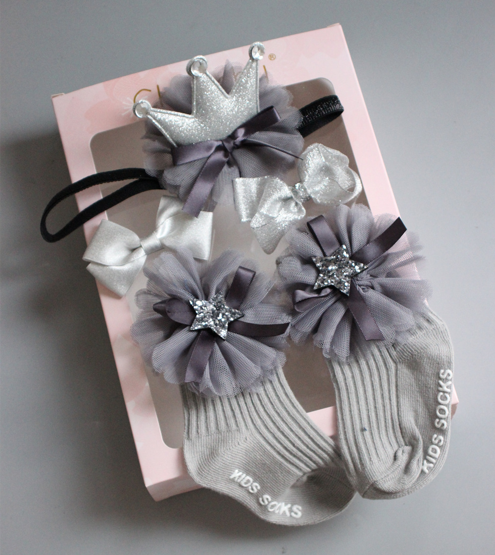 Solid Rosette Headband and Socks - Grey - image 2