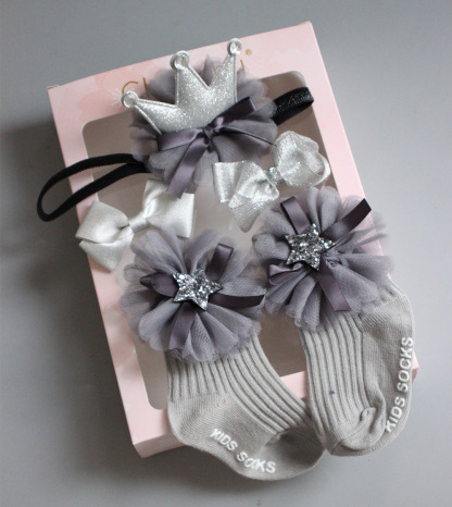 Solid Rosette Headband and Socks - Grey - image 2