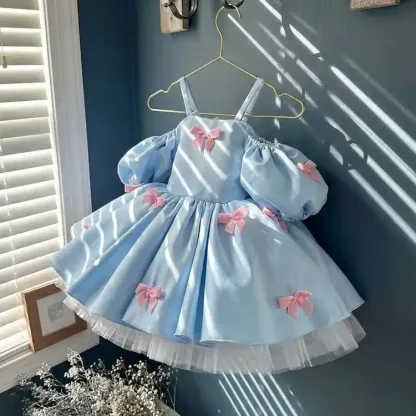 Satin Bow Short Sleeve Midi Dresses - Sky Blue - 12-13Y - image 1