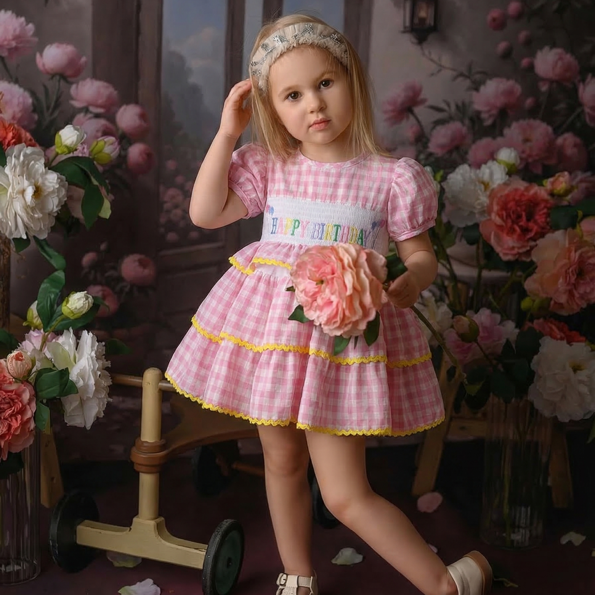 100% Cotton Scramble Embroidery Short Sleeve Midi Dresses - Pink - 5-6Y - image 1