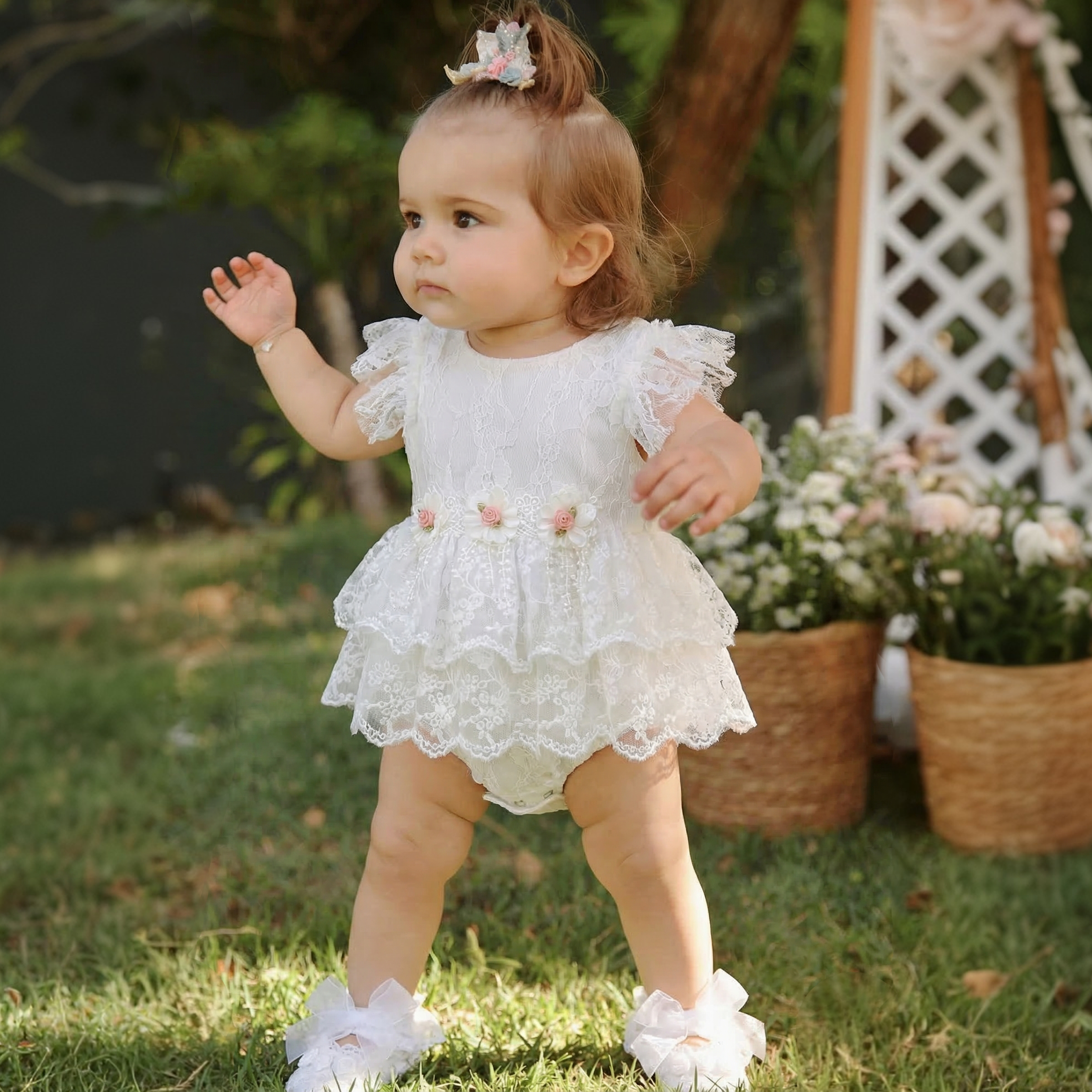 Lace Rosette Cap Sleeve Shorts Bodysuit - Beige - 3-4Y - image 1
