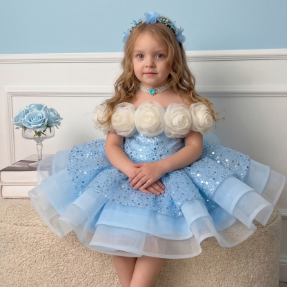 Organza & Glitter Rosette Sequins Sleeveless Midi Dresses - image 3