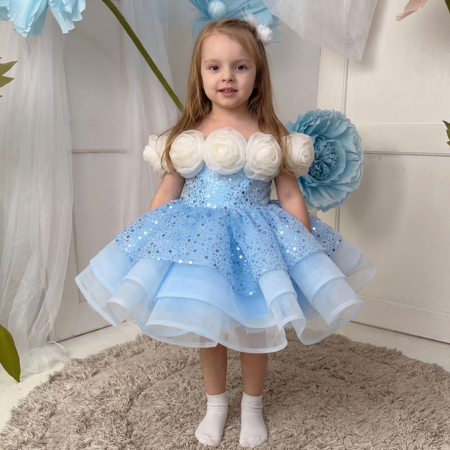 Organza & Glitter Rosette Sequins Sleeveless Midi Dresses - Blue - 15-16Y - image 1