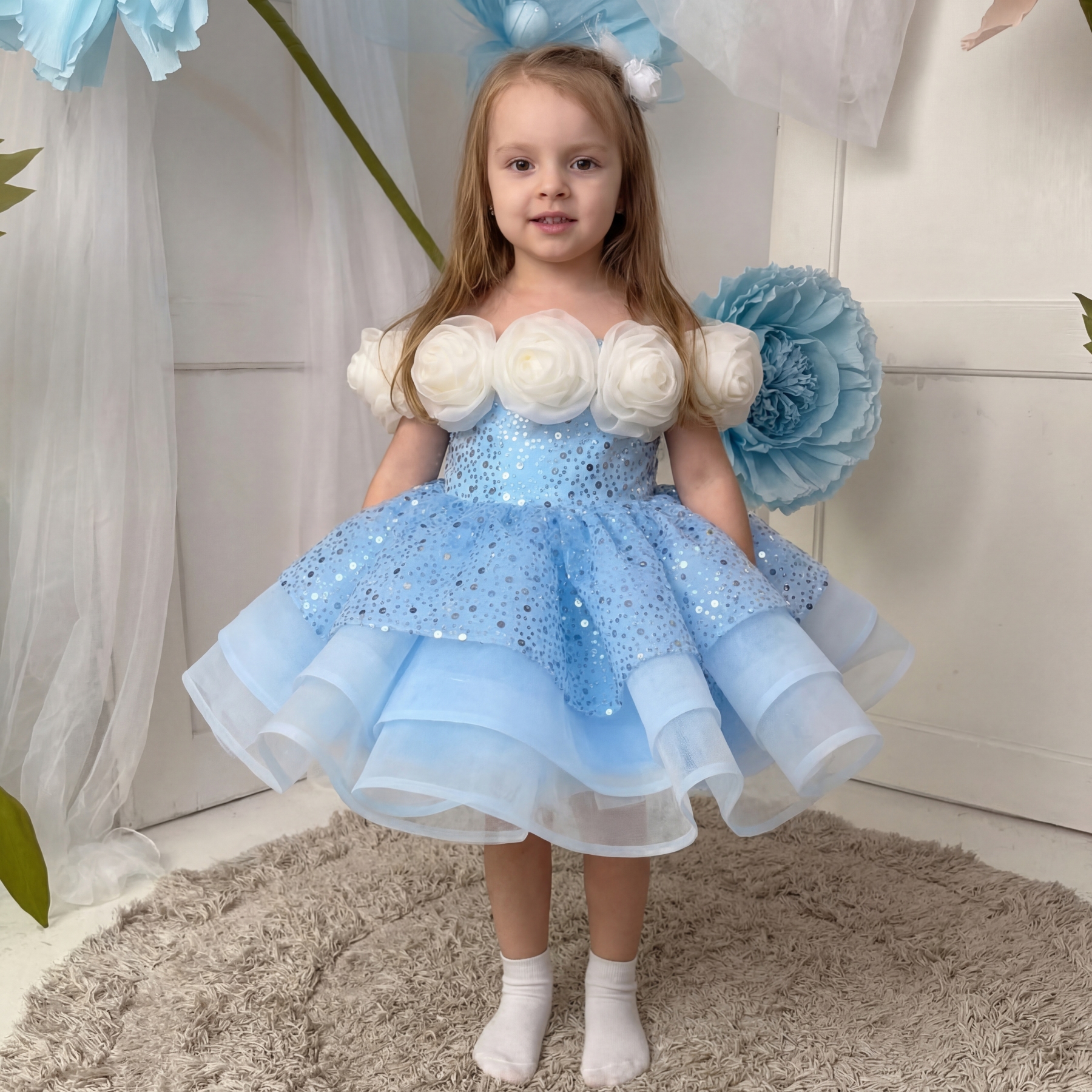 Organza & Glitter Rosette Sequins Sleeveless Midi Dresses - Blue - 15-16Y - image 1