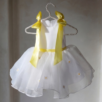 Organza Floral-embroidered Sleeveless Short Dresses - White - 4Y - image 1