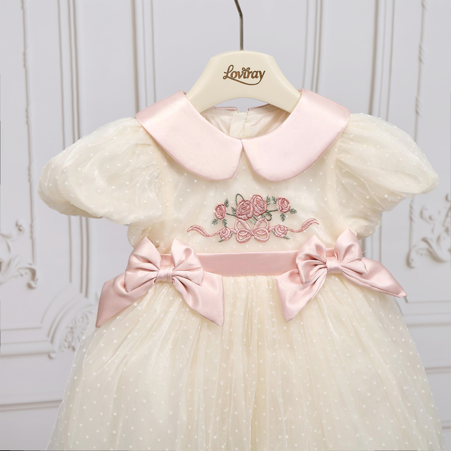 Organza Floral-embroidered Bow Short Sleeve Short Dresses - image 3