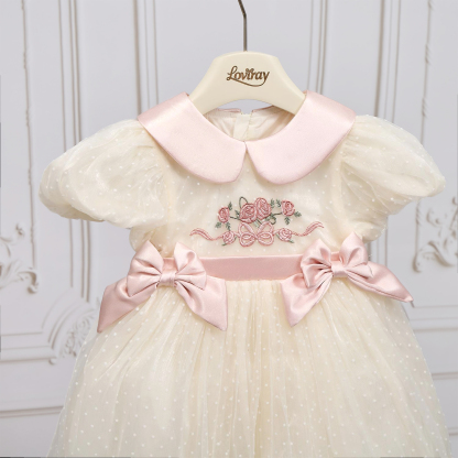 Organza Floral-embroidered Bow Short Sleeve Short Dresses - image 3