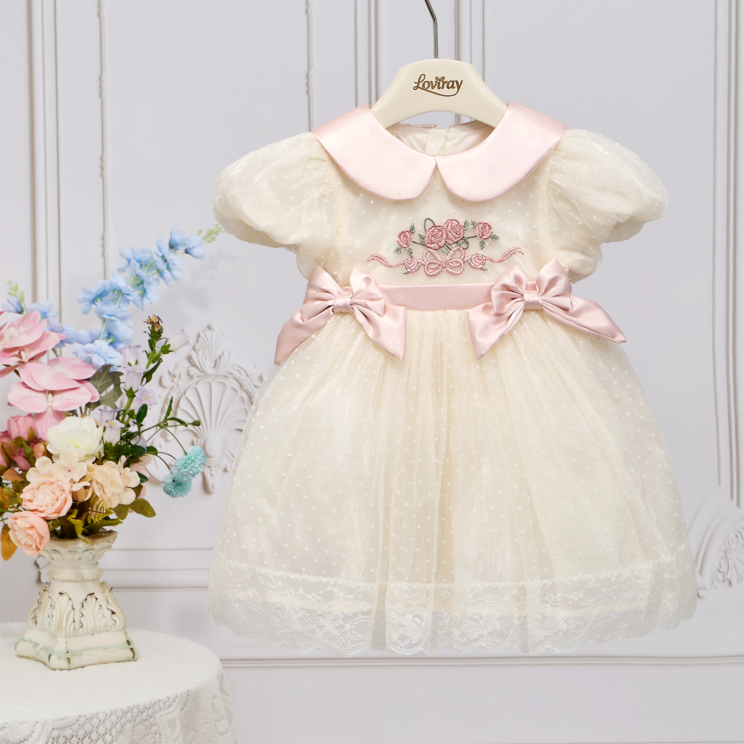 Organza Floral-embroidered Bow Short Sleeve Short Dresses - Beige - 6-7Y - image 1