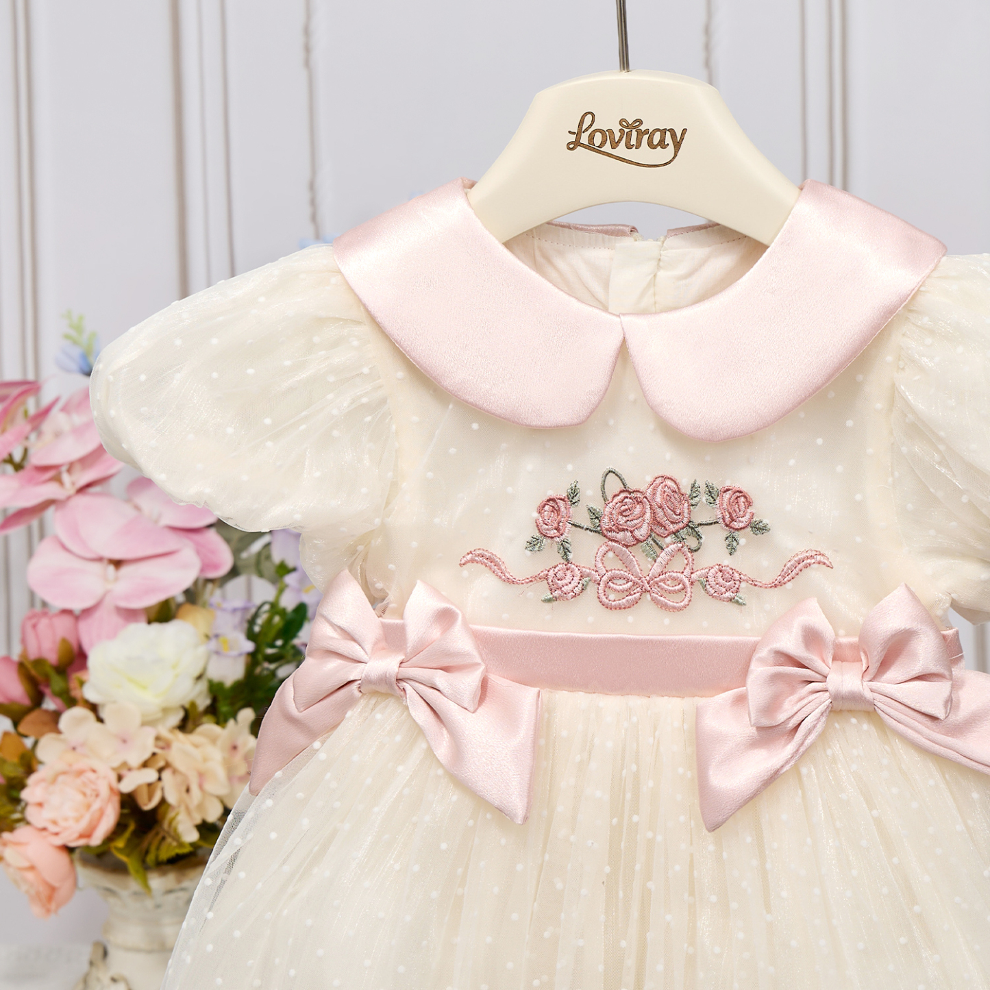 Organza Floral-embroidered Bow Short Sleeve Short Dresses - image 4