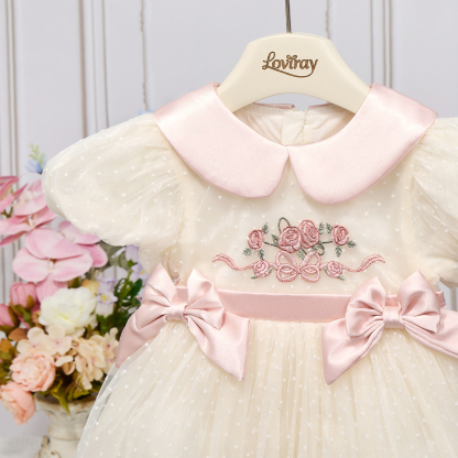 Organza Floral-embroidered Bow Short Sleeve Short Dresses - image 4