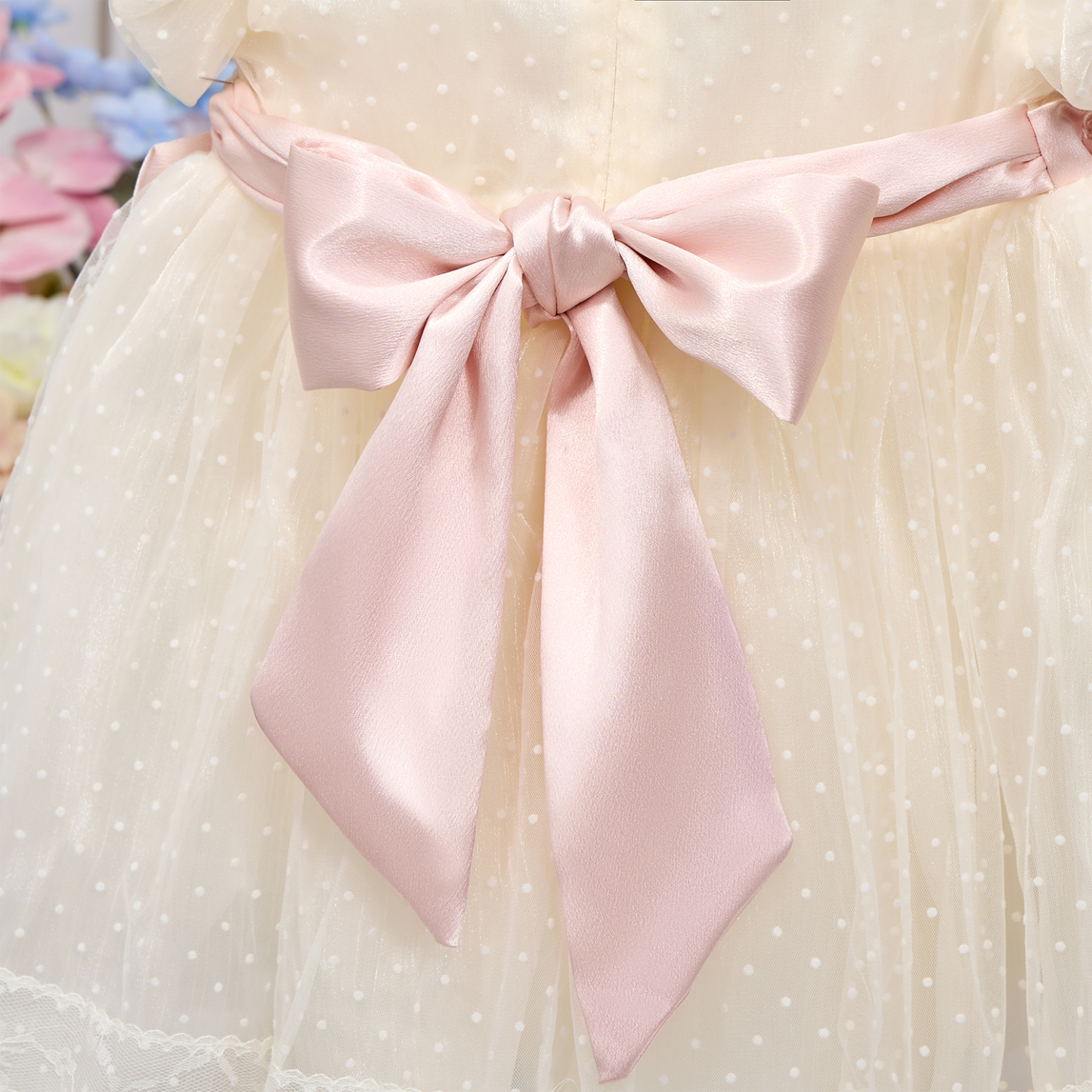 Organza Floral-embroidered Bow Short Sleeve Short Dresses - image 10