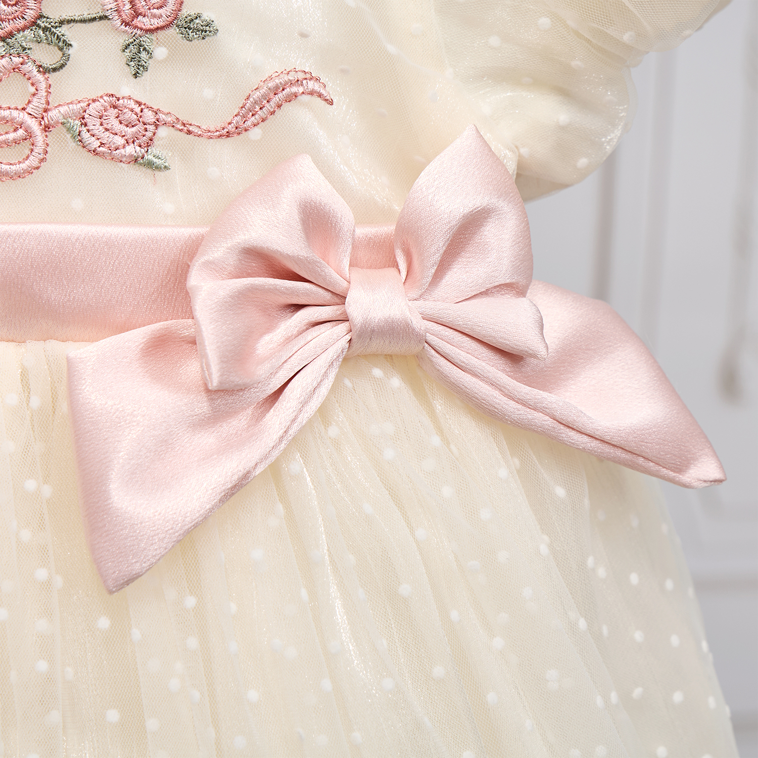 Organza Floral-embroidered Bow Short Sleeve Short Dresses - image 6