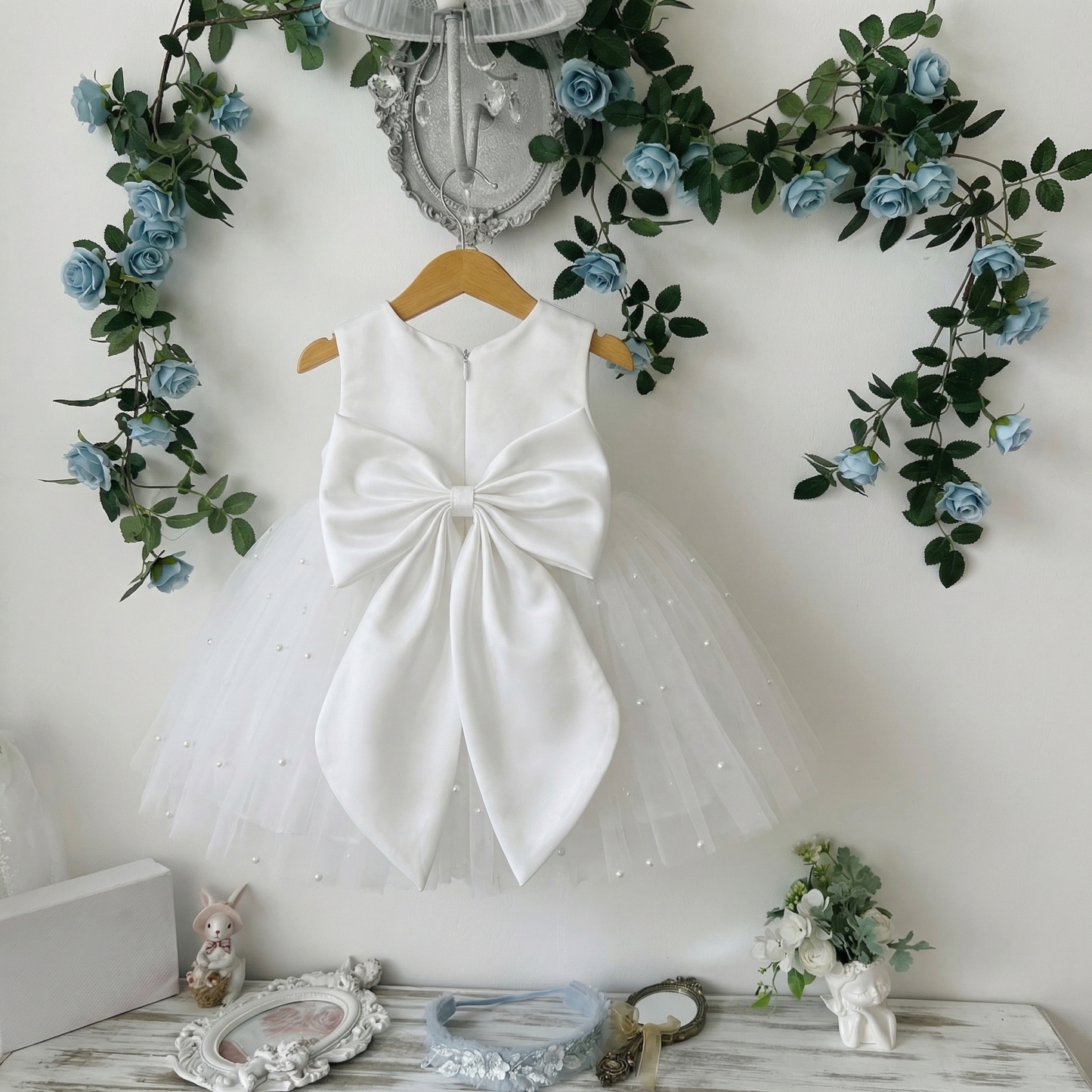 Mesh Pearl Bow Cap Sleeve Midi Dresses - image 4