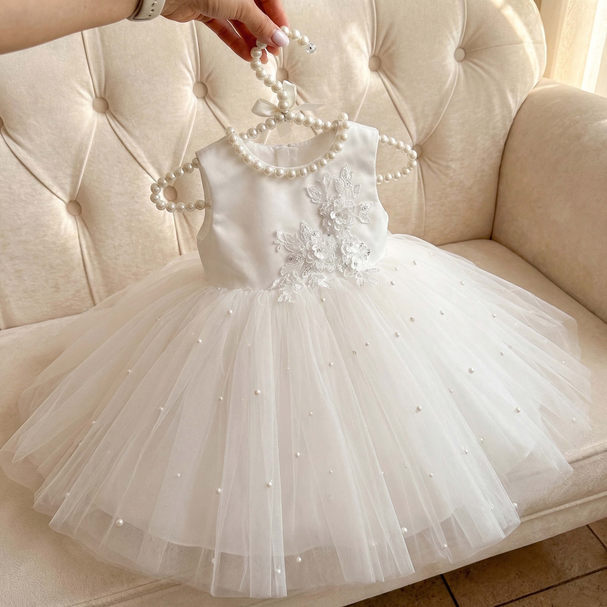 Mesh Pearl Bow Cap Sleeve Midi Dresses - White - 15-16Y - image 1