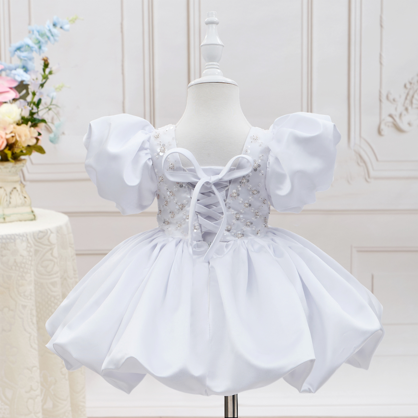 Satin Beaded Short Sleeve Mid-long Dresses - image 3