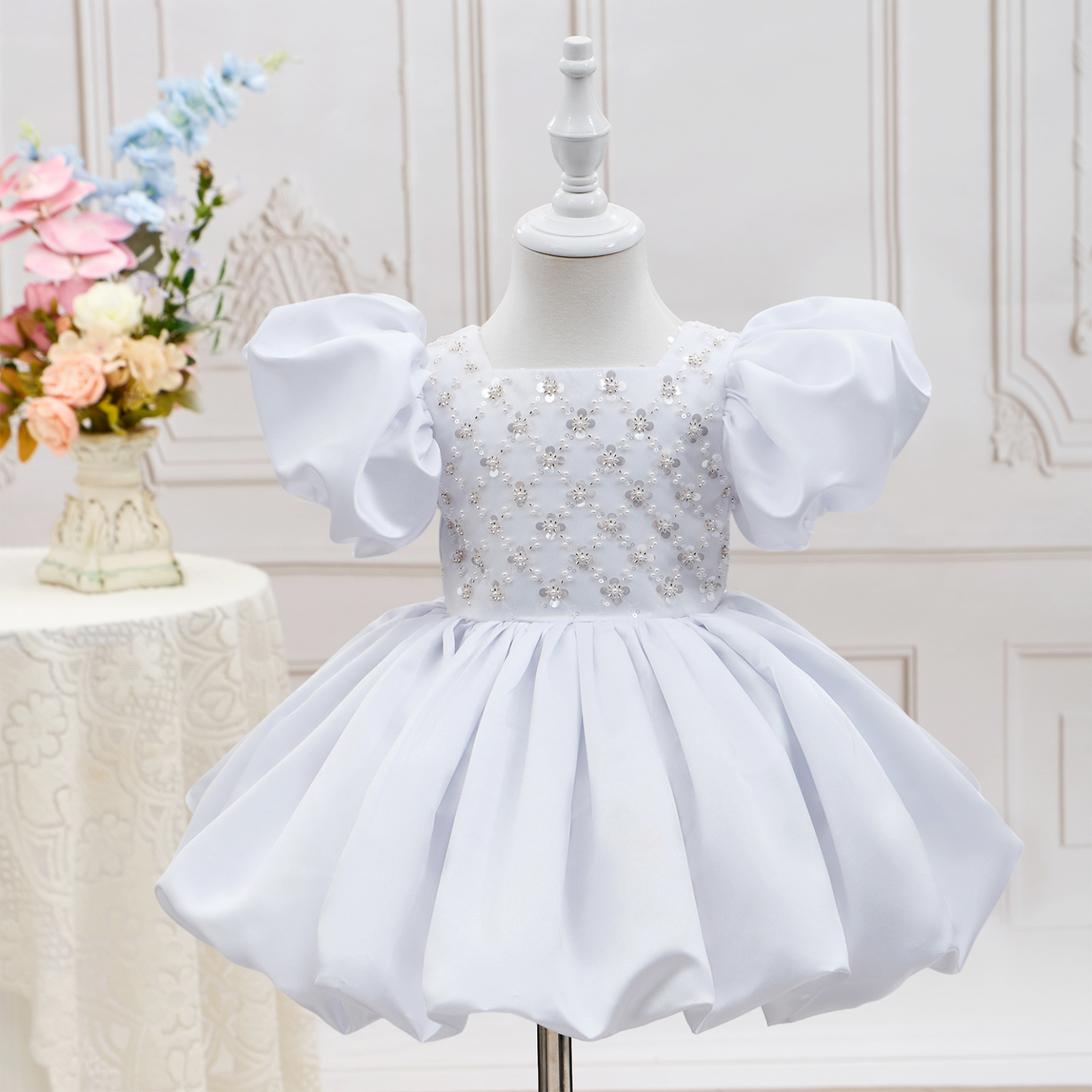 Satin Beaded Short Sleeve Mid-long Dresses - image 2