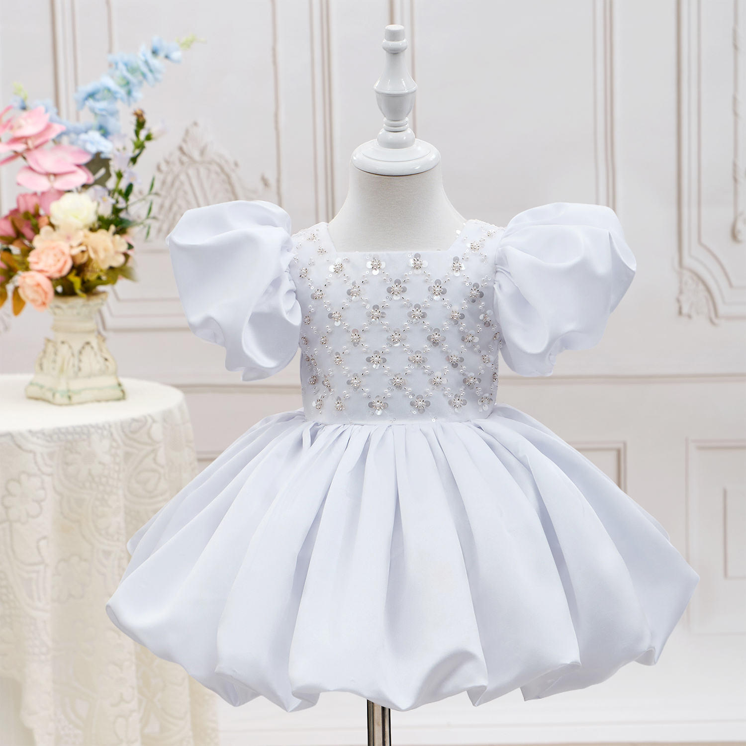 Satin Beaded Short Sleeve Mid-long Dresses - image 2