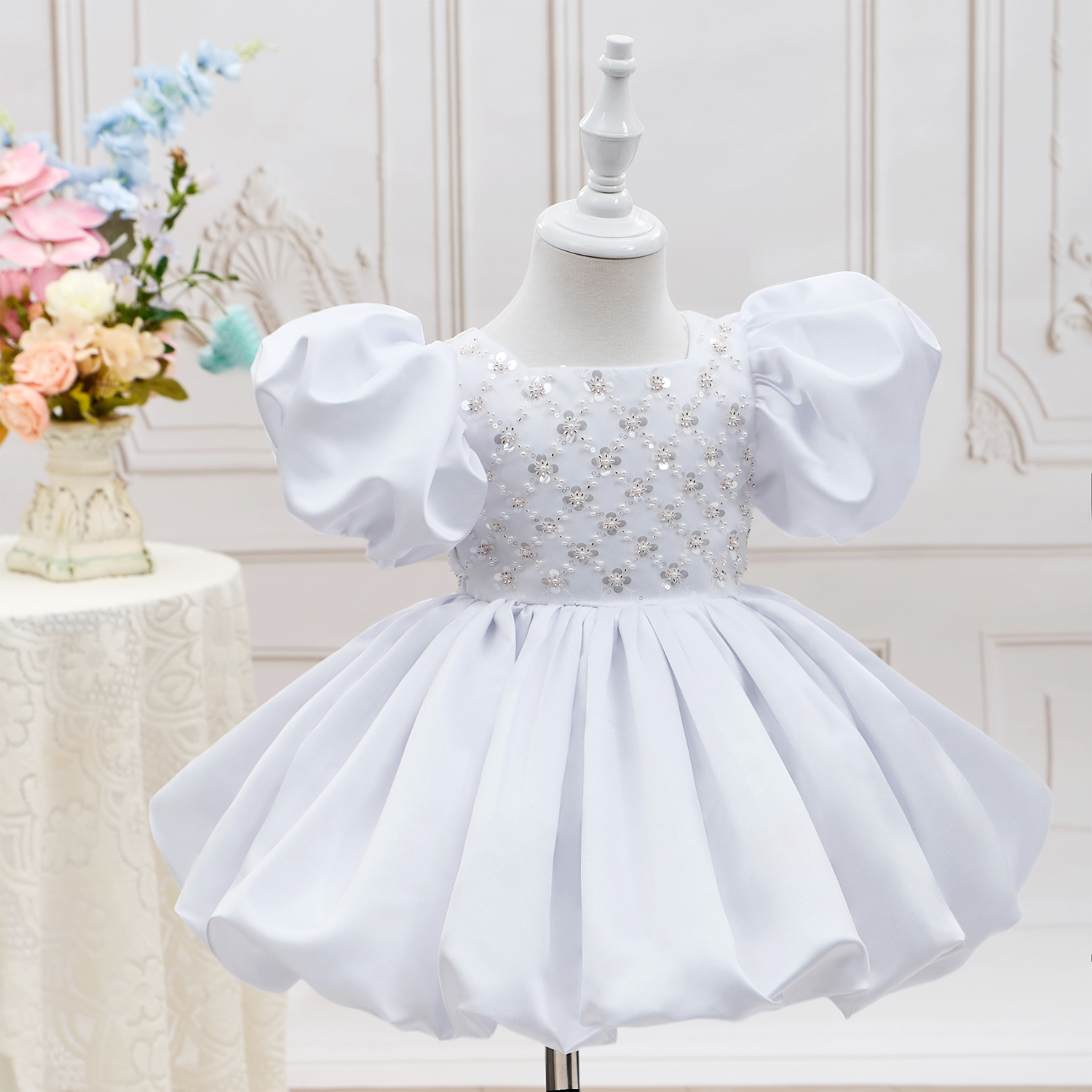 Satin Beaded Short Sleeve Mid-long Dresses - White - 9-10Y - image 1