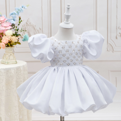 Satin Beaded Short Sleeve Mid-long Dresses - White - 9-10Y - image 1