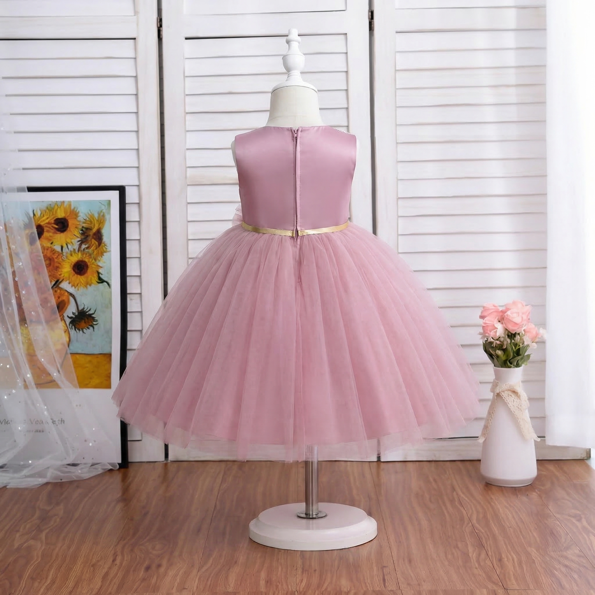 Satin & Mesh Embroidery Sleeveless Mid-long Dresses - image 2