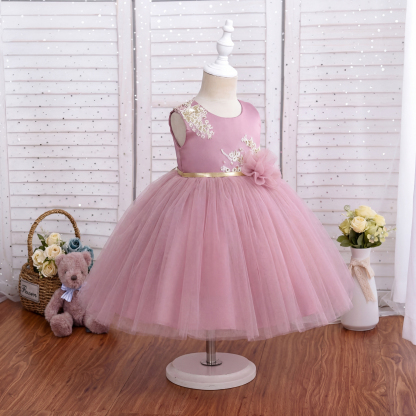 Satin & Mesh Embroidery Sleeveless Mid-long Dresses - Pink - 9-10Y - image 1