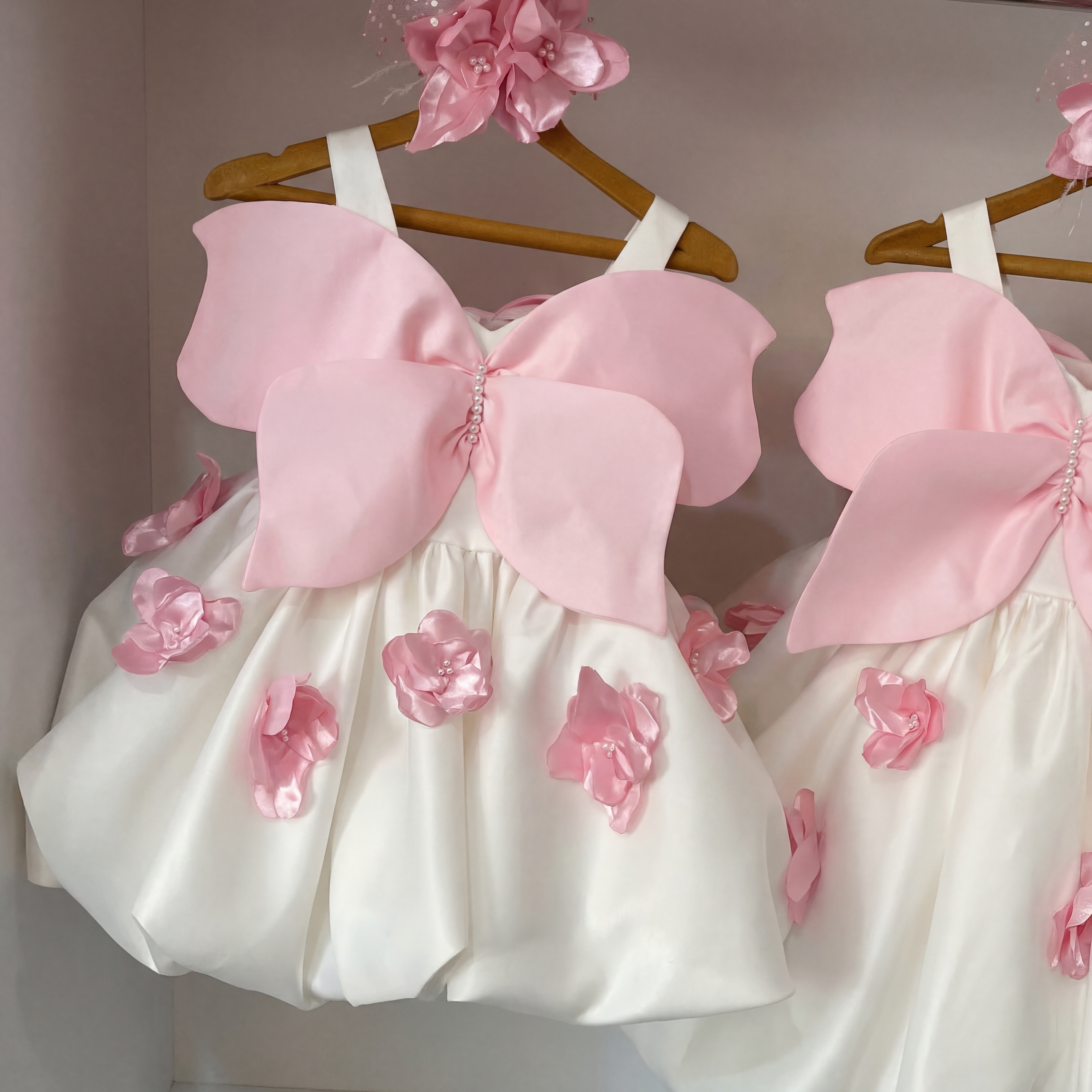 Satin Rosette Pearl Bow Butterfly Sleeveless Midi Dresses - Pink - 4Y - image 1