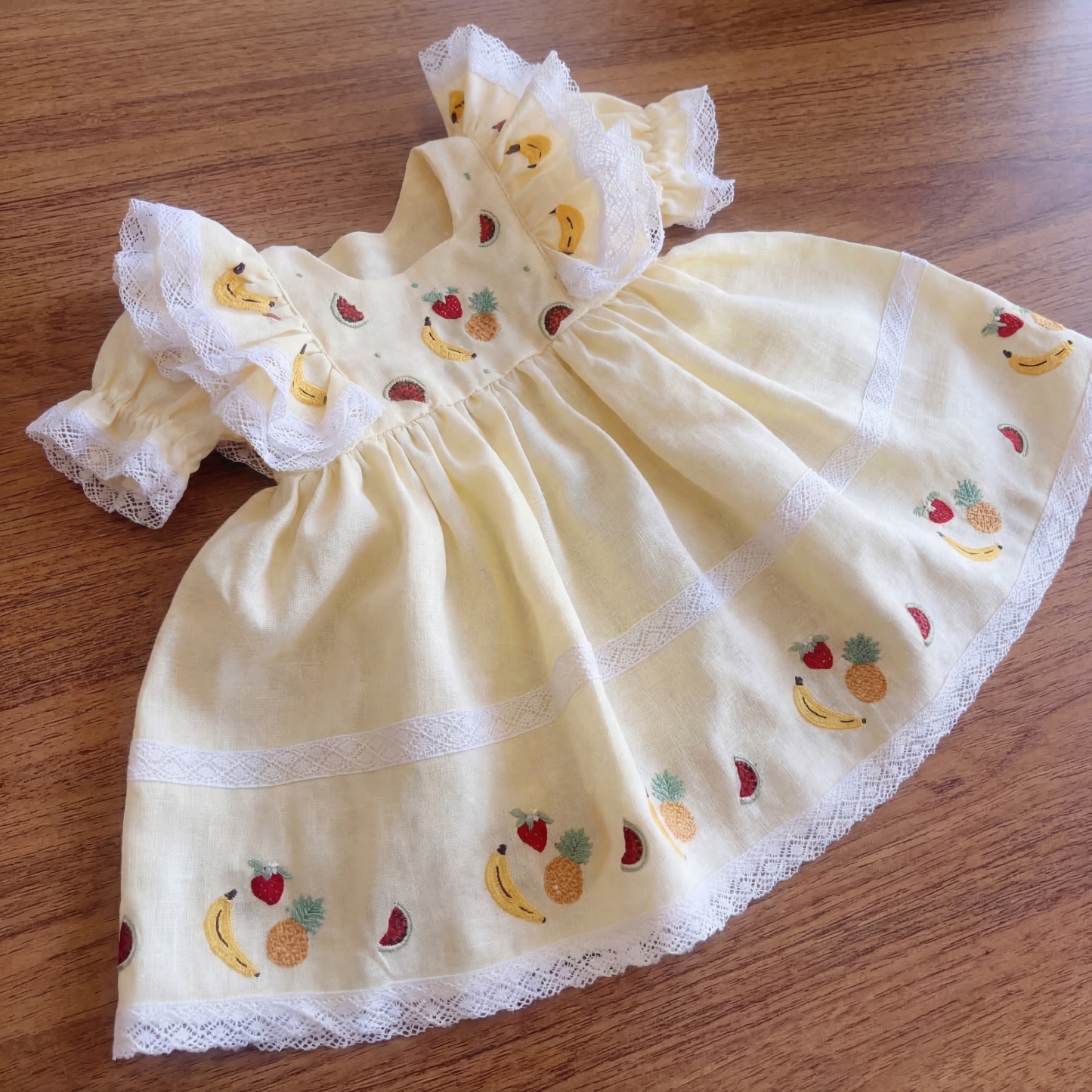 Cotton And Linen Stitching Lace Embroidery Short Sleeve Midi Dresses - Light Yellow - 4Y - image 1