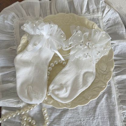 Polka Dots With Pearls Socks - White - 9-11Y - image 2