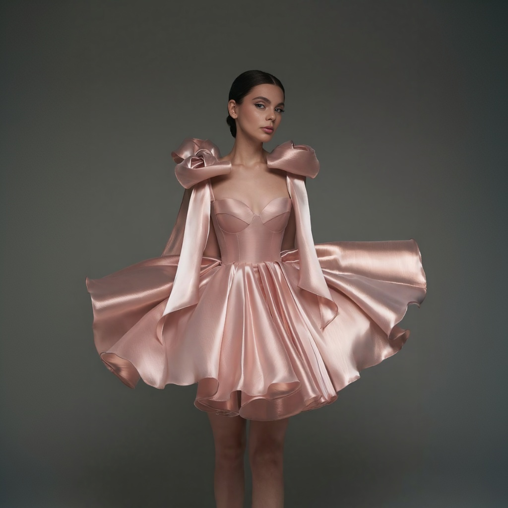 Women Satin Bow Drawstring Sleeveless Short Dresses - Light Pink - XXL - image 5