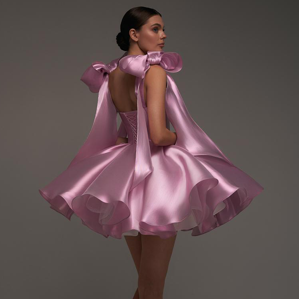 Women Satin Bow Drawstring Sleeveless Short Dresses - image 14