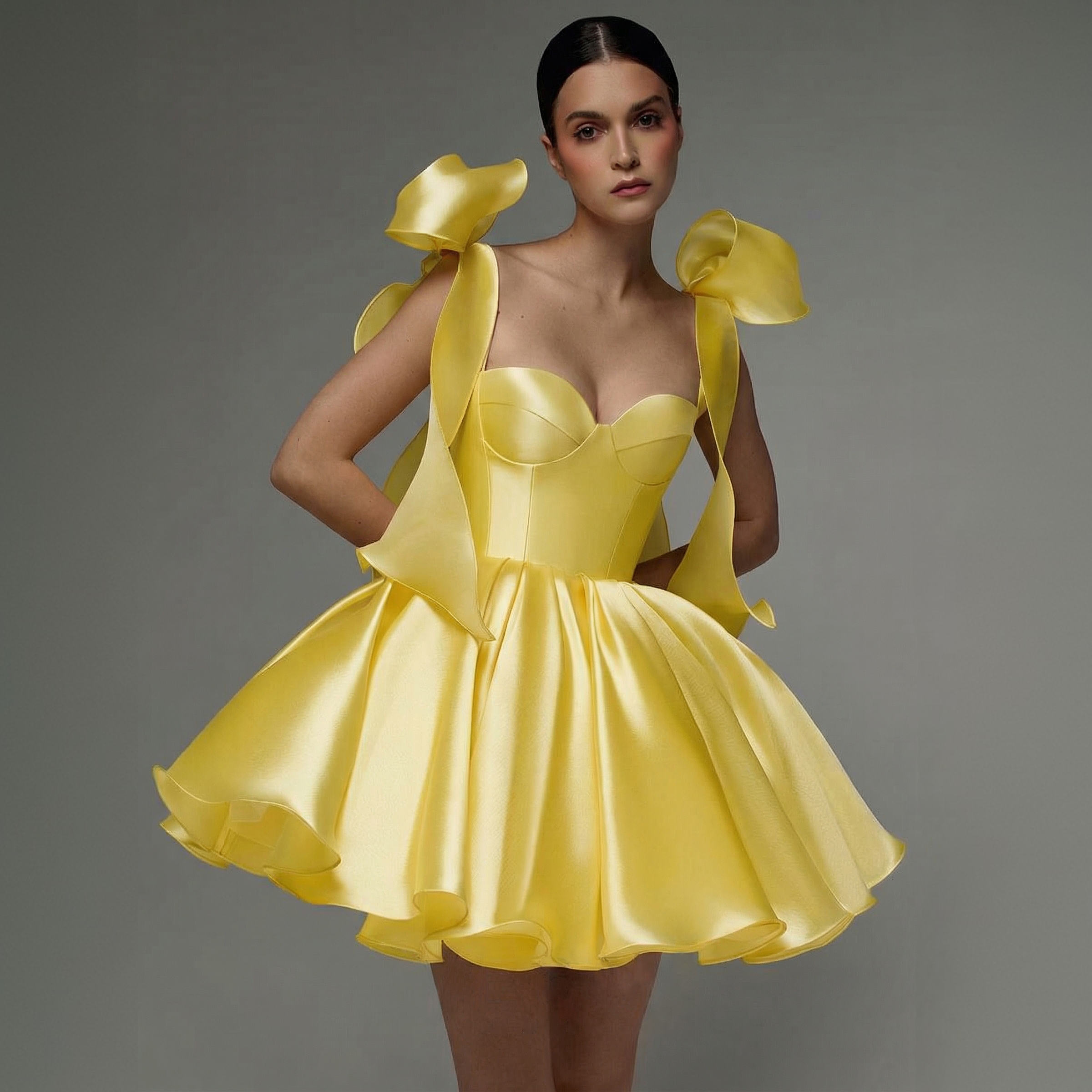 Women Satin Bow Drawstring Sleeveless Short Dresses - Yellow - XXL - image 17