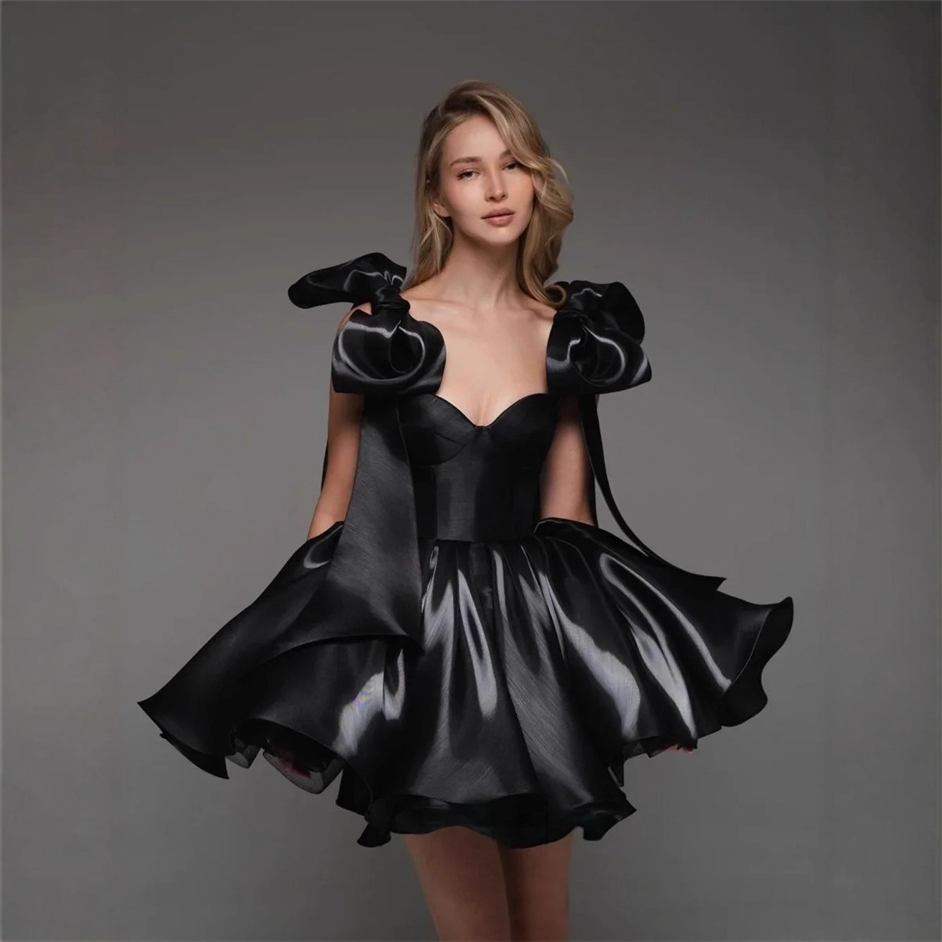 Women Satin Bow Drawstring Sleeveless Short Dresses - Black - XXL - image 21