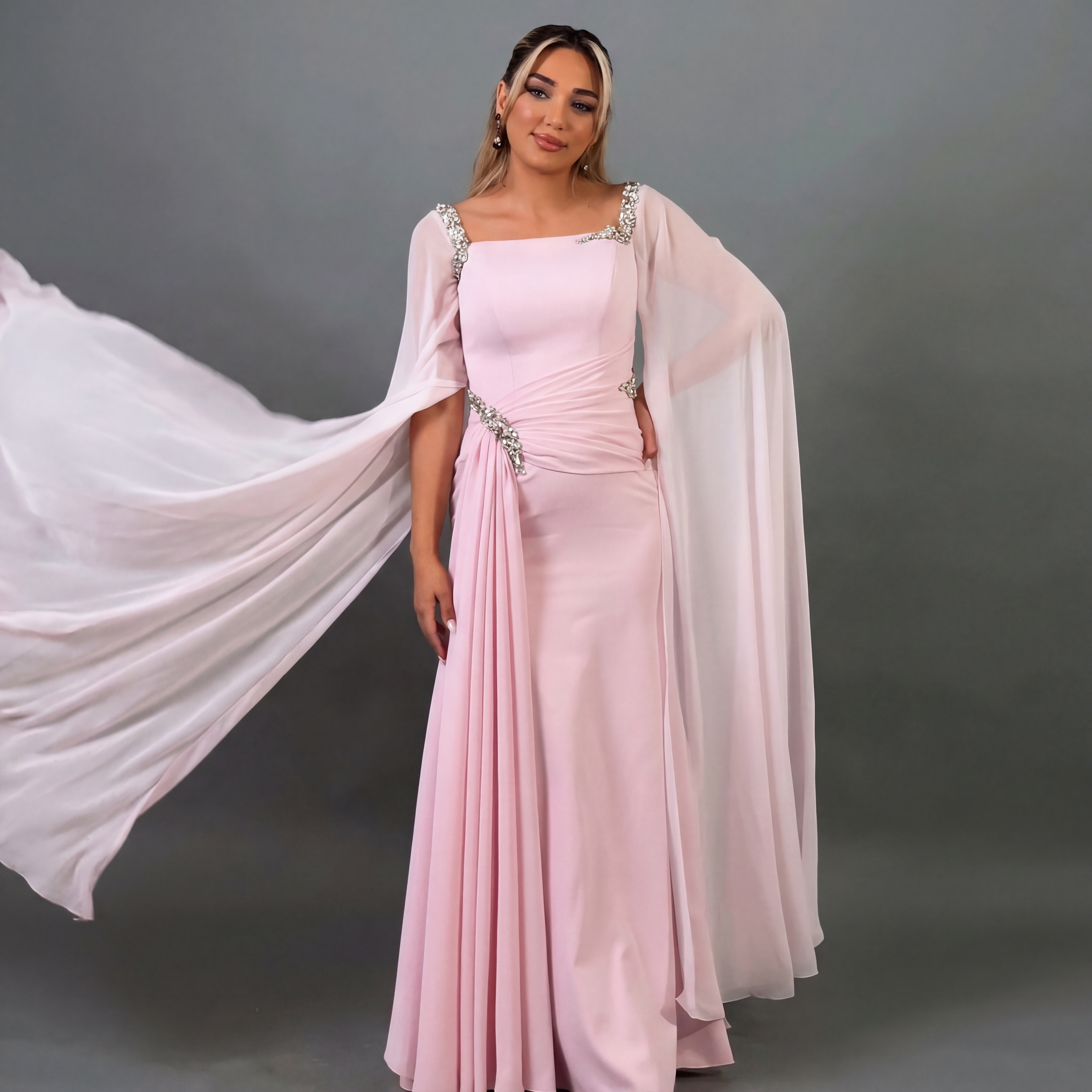 Chiffon Rhinestone Extra-long Sleeve Maxi Dresses - image 2