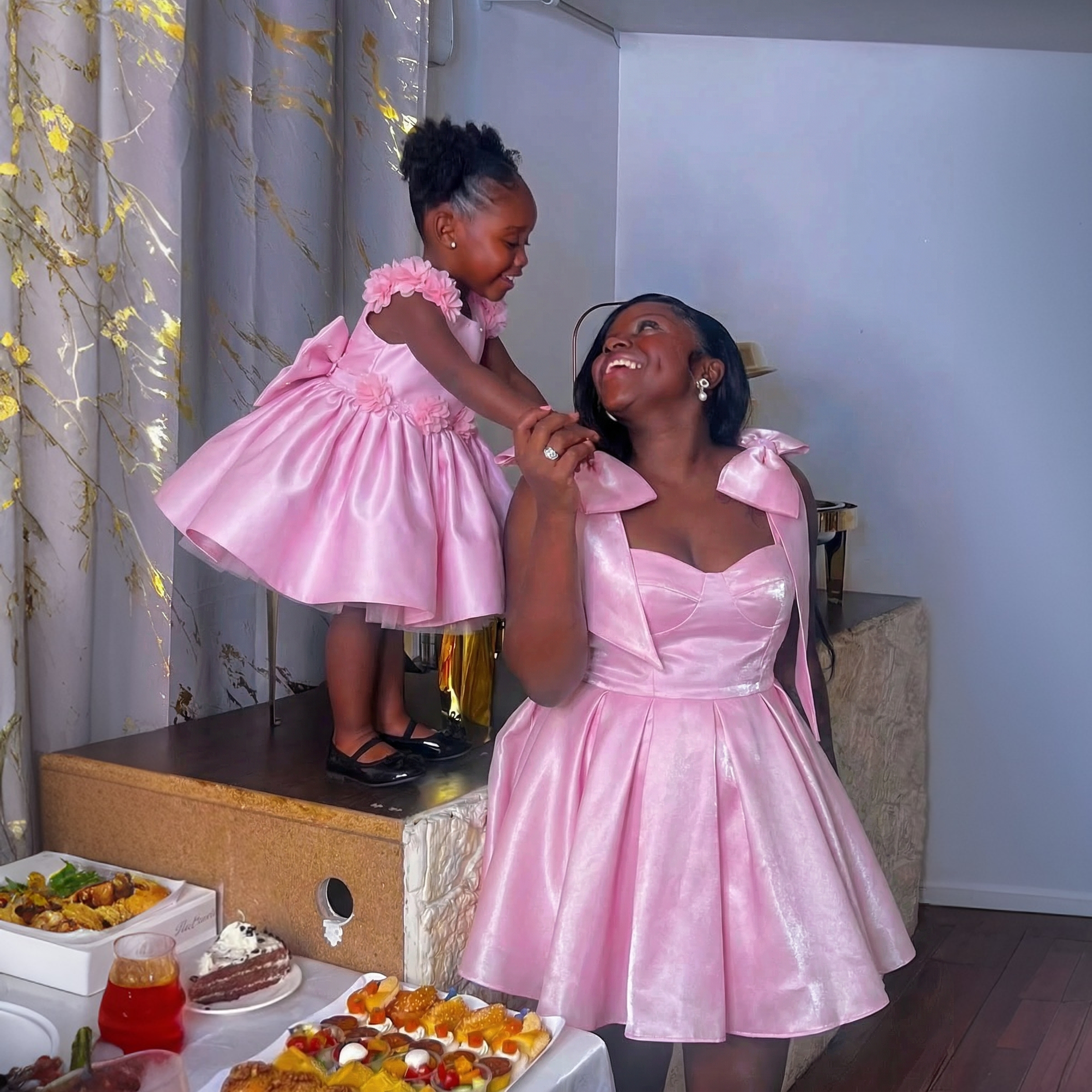 Satin Rosette Cap Sleeve Midi Dresses - image 1