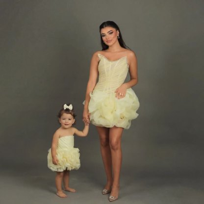 Women Organza Rosette Sleeveless Short Dresses - Light Yellow - XL - image 1