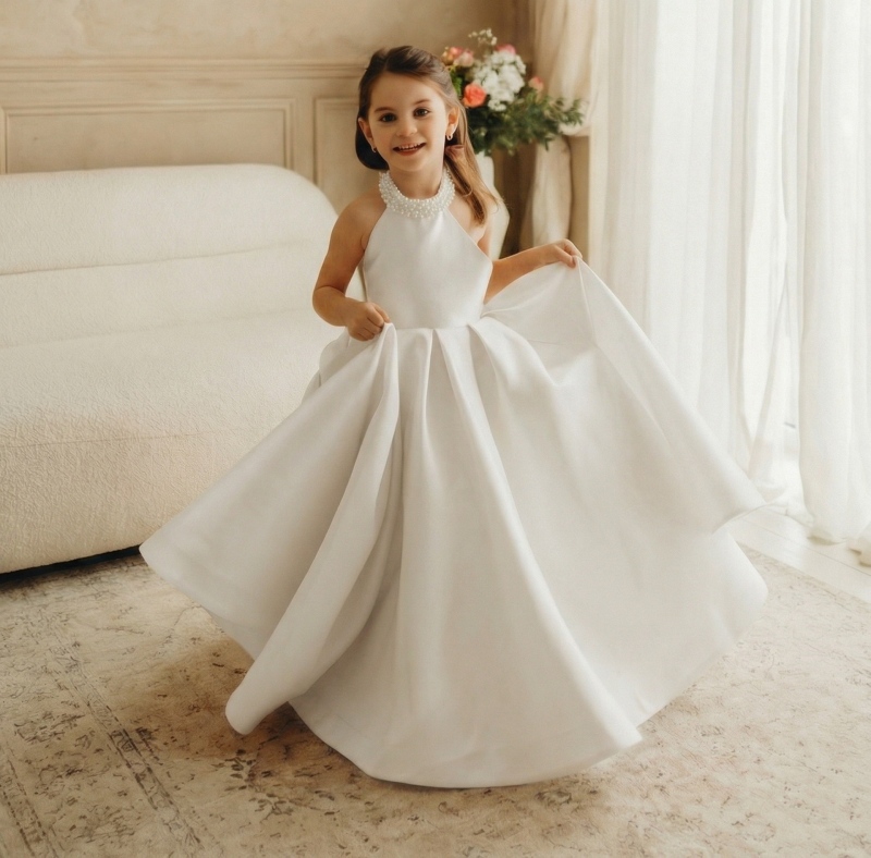 Satin Lace-up Imitation Pearls Sleeveless Maxi Dresses - White - 8Y - image 2