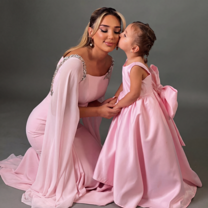 Women Chiffon Rhinestone Extra-long Sleeve Maxi Dresses - Pink - XL - image 1