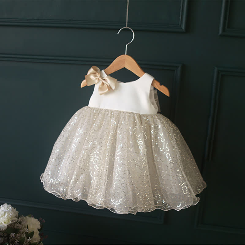 Organza & Glitter Bow Sequins Sleeveless Short Dresses - Champagne - 10-12Y - image 1