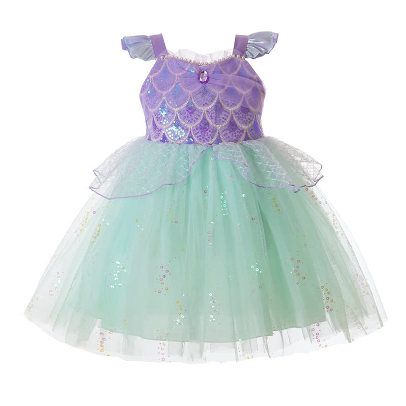 Glitter & Mesh Sequins Folds Cap Sleeve Short Dresses - Purple - 7Y - image 1