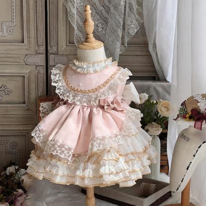 Polyester Cotton Bow Lace Edge Sleeveless Short Dresses - Light Pink - 8-9Y - image 4