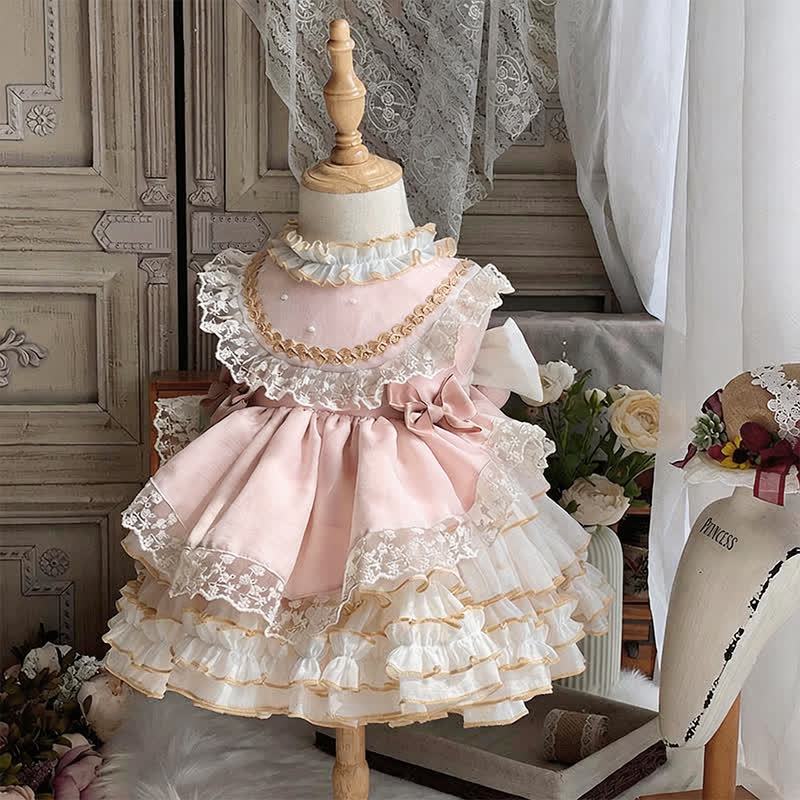 Polyester Cotton Bow Lace Edge Sleeveless Short Dresses - Light Pink - 8-9Y - image 4