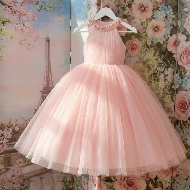 Mesh Bow Sleeveless Maxi Dresses - Pink - 15-16Y - image 1