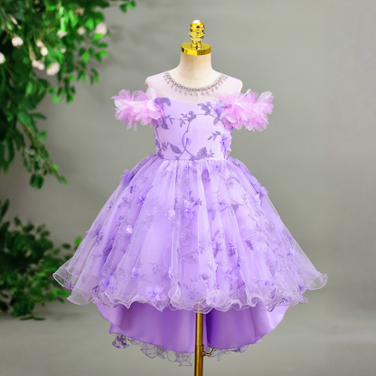 Embroidery Mesh Split Joint Rosette Sleeveless Midi Dresses - Purple - 12-13Y - image 1